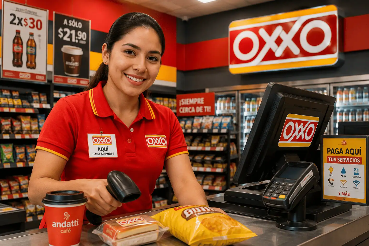 Trabajadora atendiendo en una tienda OXXO
