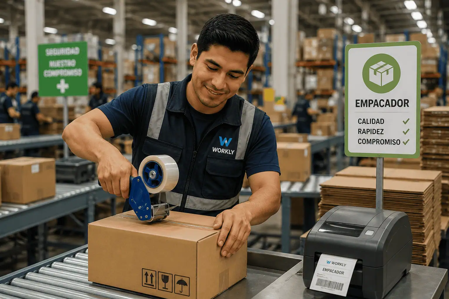 Empacador preparando una caja en un almacén